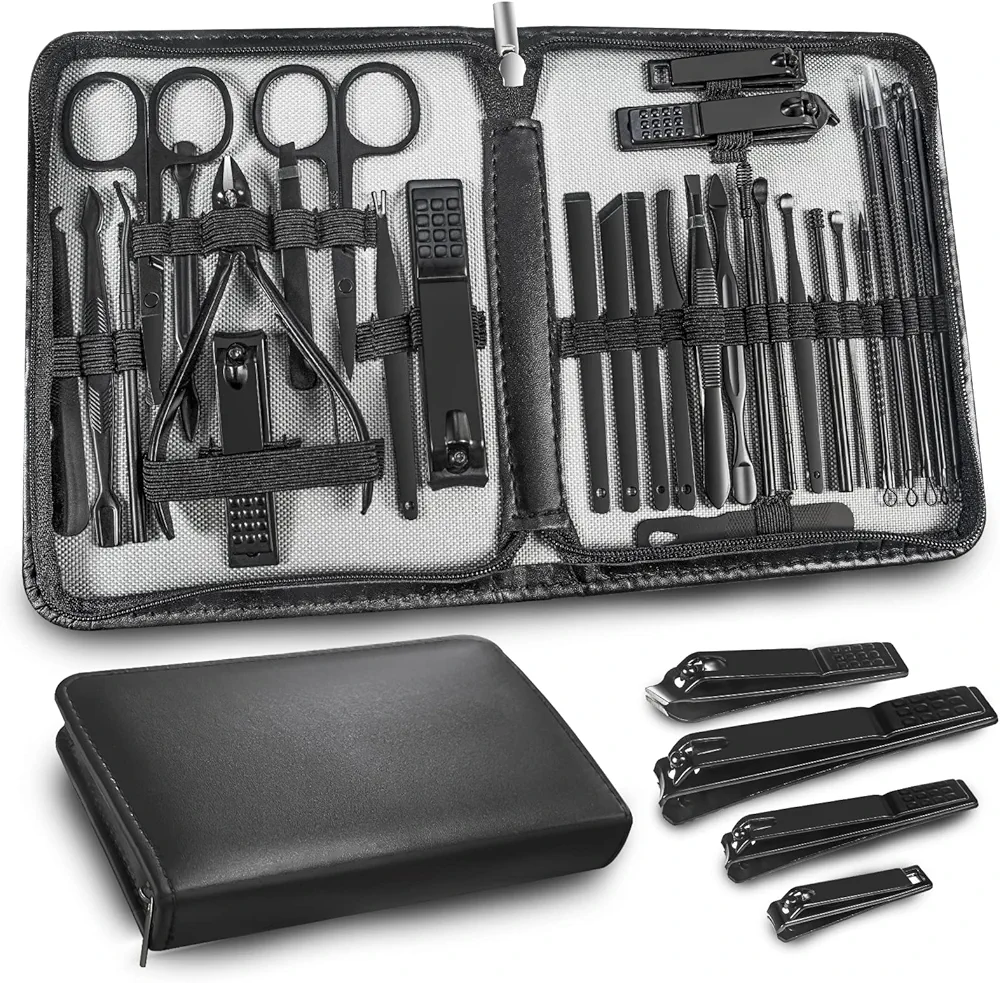 Manicure Set Personal Care Mens Grooming Kit, 30 In 1 Professional Manicure Kit Pedicure Kit, Nail Clippers for Men and Beauty Tool Portable Set, with Luxurious Travel Case (Black)