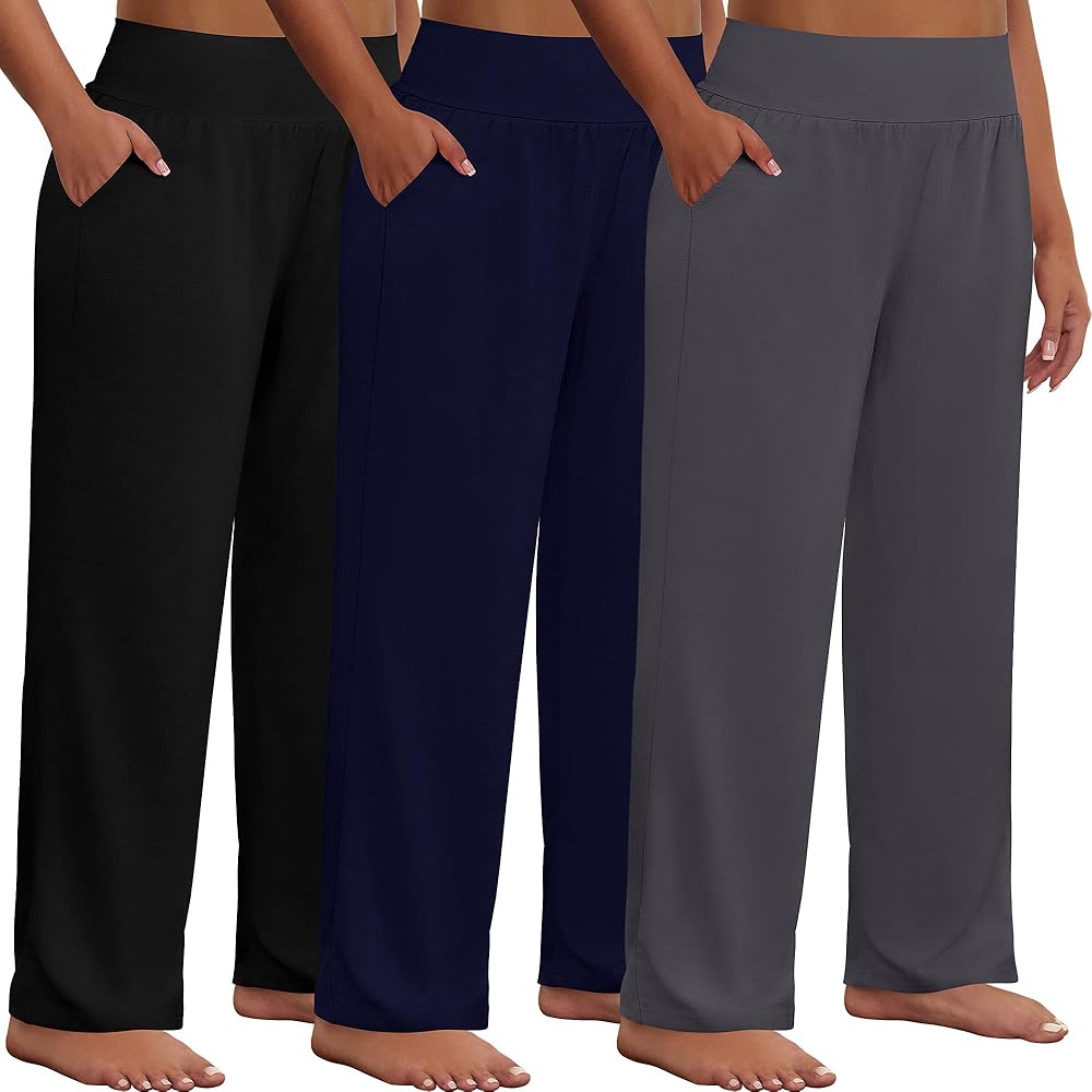 Neer 3 Pack Women Plus Size Wide Leg Yoga Pants High Waist Sweatpants Plus Size Palazzo Pants Lounge Pants with Pockets