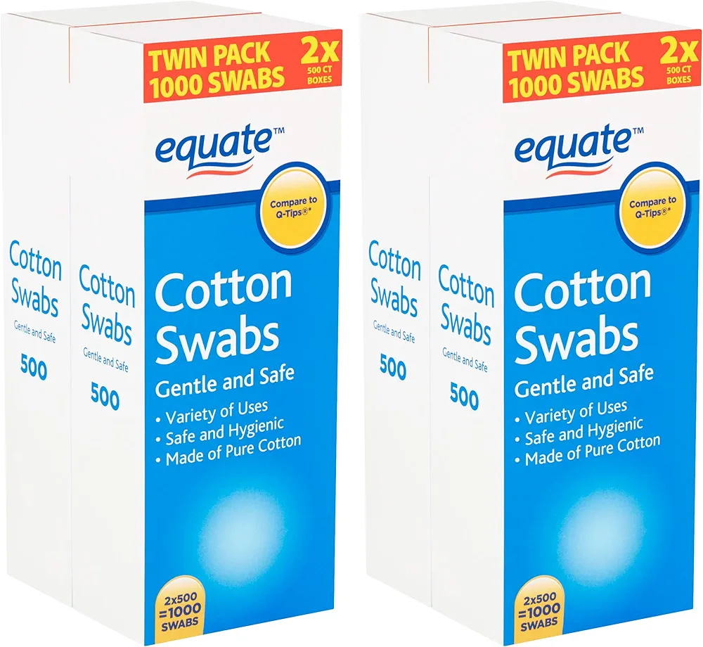 Equate Cotton Swabs Twin Pack, 1000 Count - 2 Pack (for Ears, Beauty, Makeup, Babies, Dogs, Pets, and More). Includes 2000 Count Total (4x 500 Count = 2000 Total).