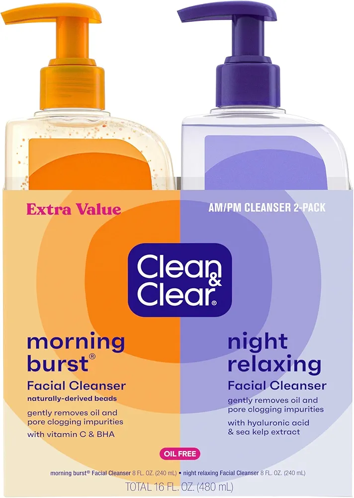 Clean & Clear 2-Pack Oil-Free Facial Cleansers with Citrus Scent, Morning Burst and Night Relaxing, 16 oz