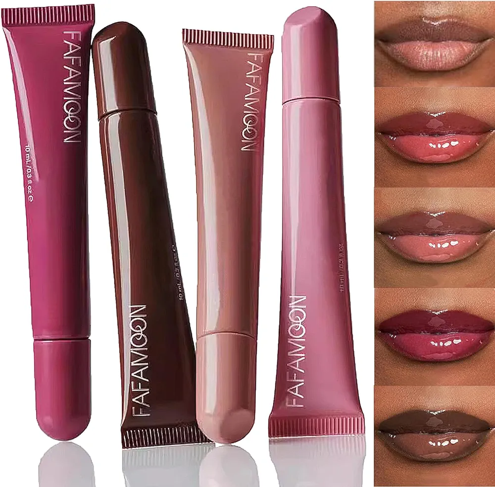 4 Colors Peptide Lip Tint, Hydrating Lip Gloss, Glossy Lip Glow Oil with Nourishmax Jojoba Oil, Hydrating Tinted Lip Oil, Revitalizing for Dry Lips.