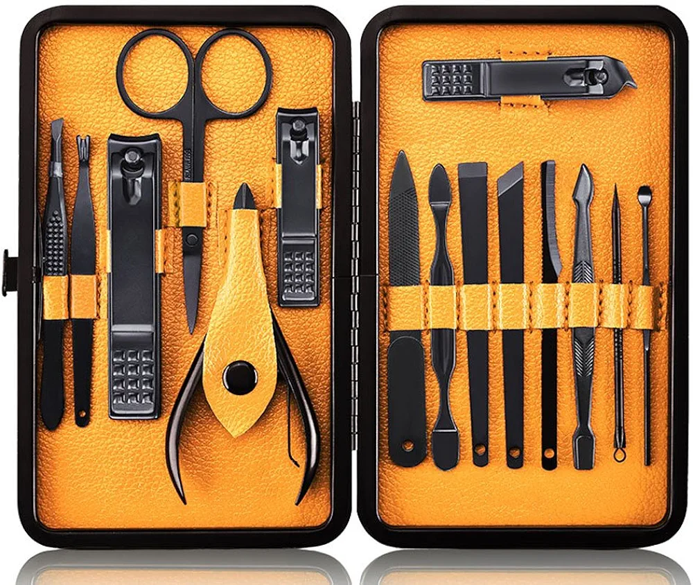 Professional Stainless Steel Nail Clipper Travel & Grooming Kit Nail Tools Manicure & Pedicure Set of 15pcs with Luxurious Case (Black/Yellow)