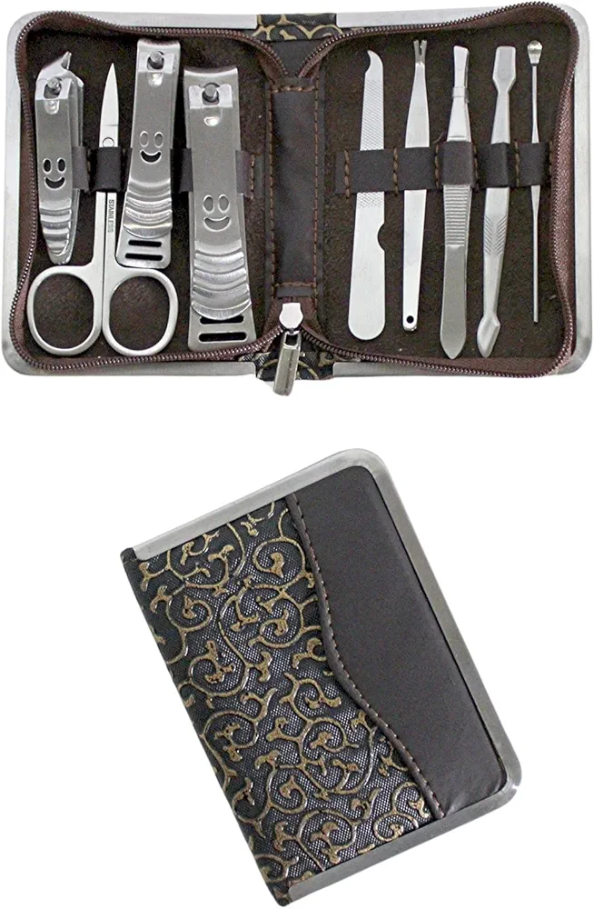 Dependable Industries Inc. Essentials Manicure Pedicure Gift Set Nail Clipper 9 In 1 Nail Clipper Set Personal Care Tools with Zippered Gold Embossed Case Unisex Stainless Steel Grooming Kit