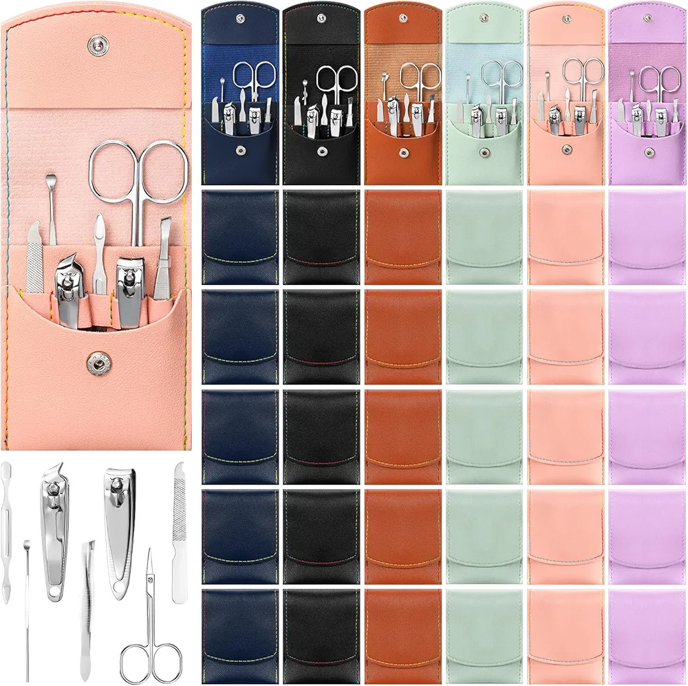 30 Set Manicure Kit Bulk Nail Clippers Kit 7 in 1 Mini Nail Clippers Stainless Steel Professional Nail Care Pedicure Kit with Travel Bag Grooming Kit for Christmas Women Men Home(Retro Color,Stylish)