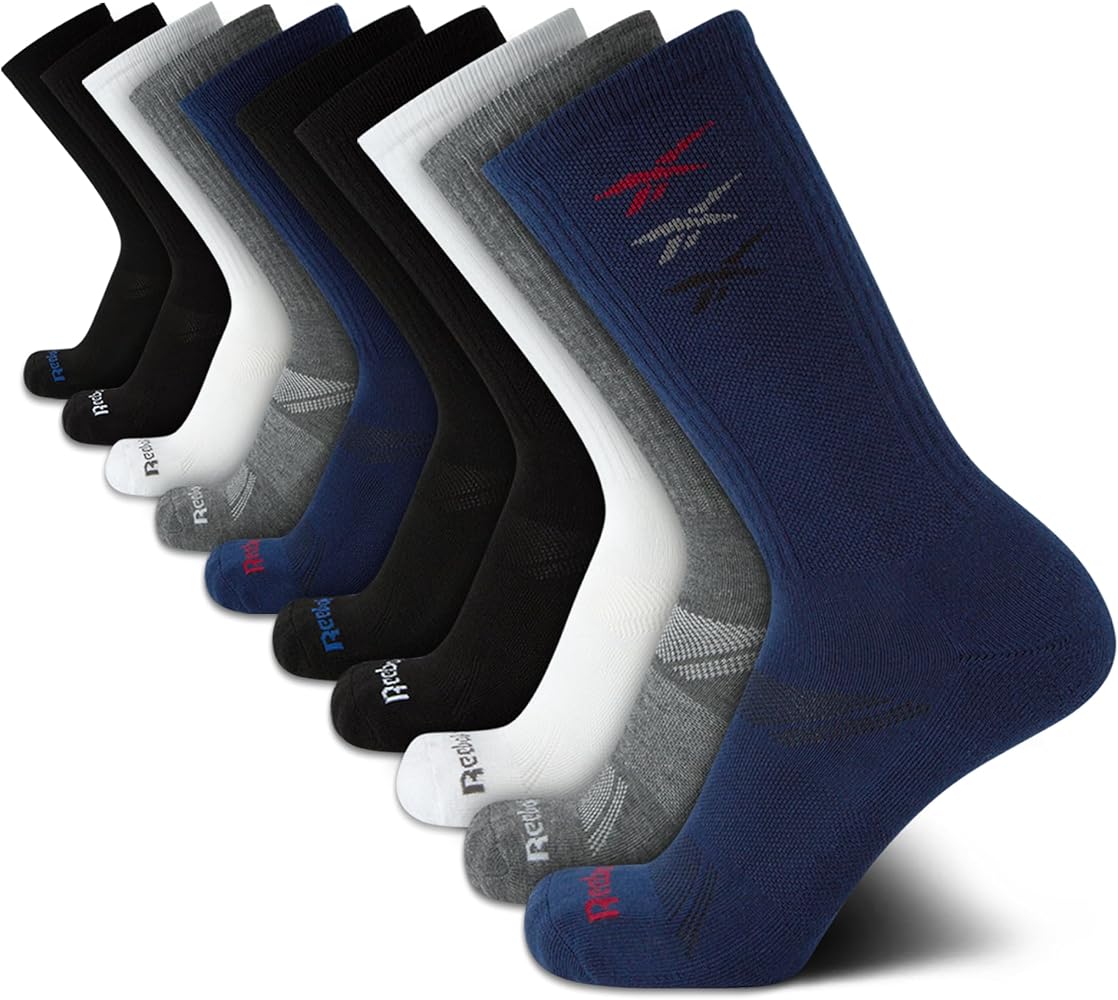 Reebok Men's Crew Socks - 10 Pack Stretch Performance Cushioned Crew Socks - Arch Support Athletic Socks for Men (6-12.5)