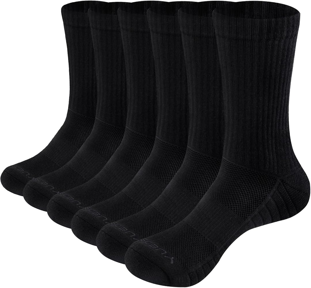 YUEDGE Men's Training Athletic Socks Solid Cotton Cushioned Crew Socks Moisture Wicking Mens Socks For Men, 6 Pairs/Pack