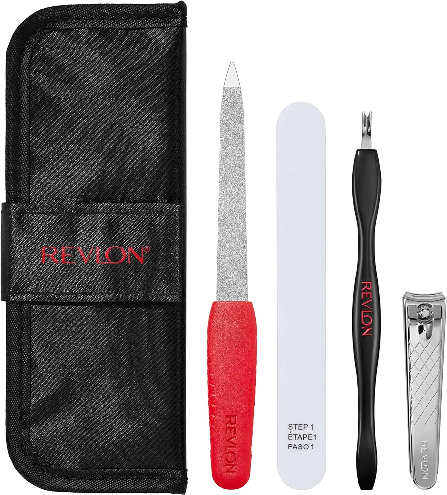 Revlon Manicure Essentials Kit with Travel Case, Manicure Set for Nail Care with Dual Ended Cuticle Trimmer, Curved Blade Nail Clipper, Compact Emeryl File and Nail Buffer, 1 Count