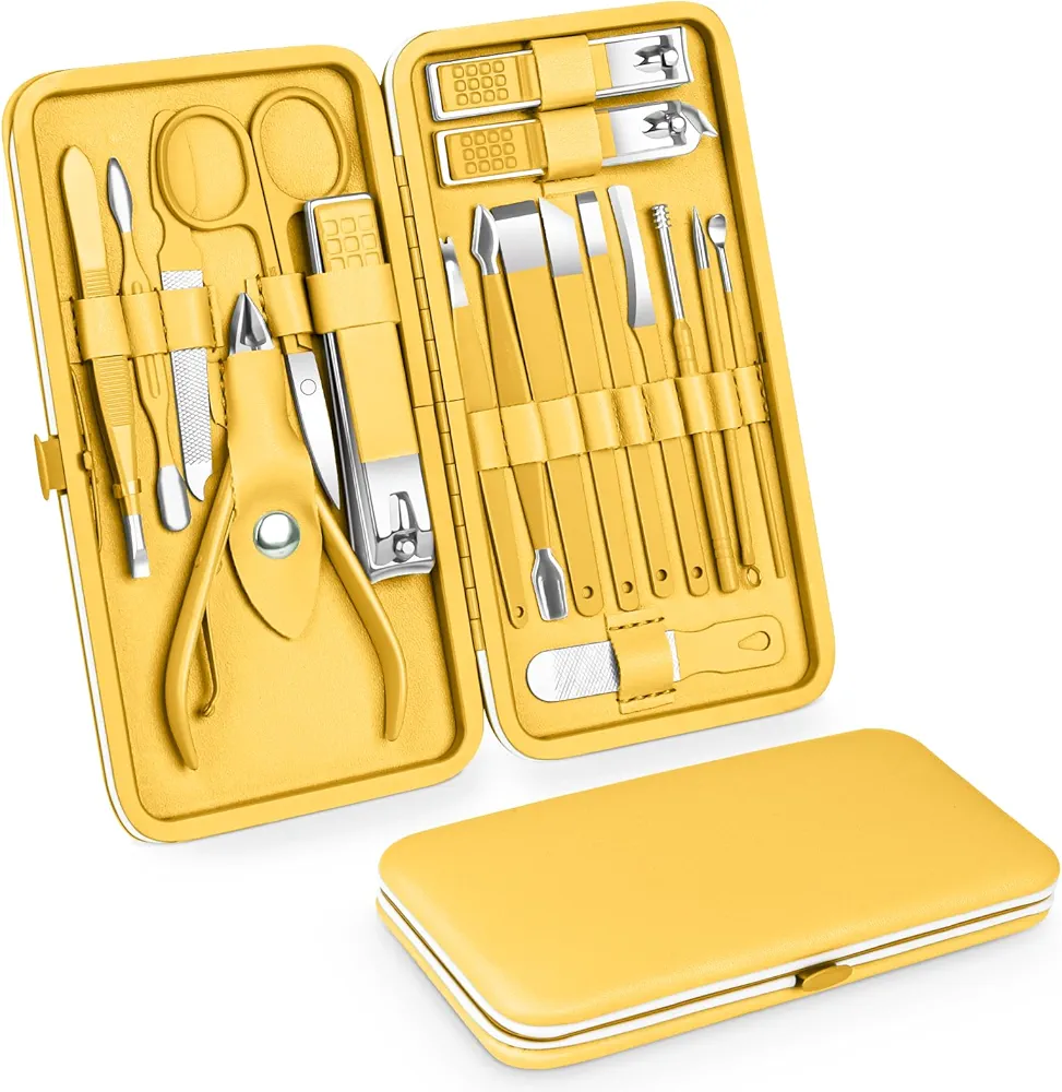 Teamkio 18pcs Manicure Set Pedicure Nail Clippers Set Travel Hygiene Kit Stainless Steel Professional Cutter Care Set Scissor Tweezers Knife Ear Pick Tools Grooming Kits with Leather Case(Yellow）