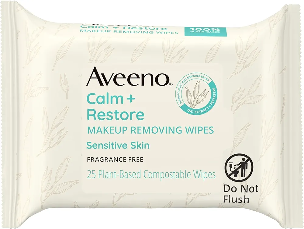 Aveeno Calm + Restore Nourishing Makeup Remover Face Wipes, Fragrance Free Facial Cleansing Towelettes with Oat Extract & Calming Feverfew, Alcohol Free, 100% Plant-Based Cloth, 25 ct