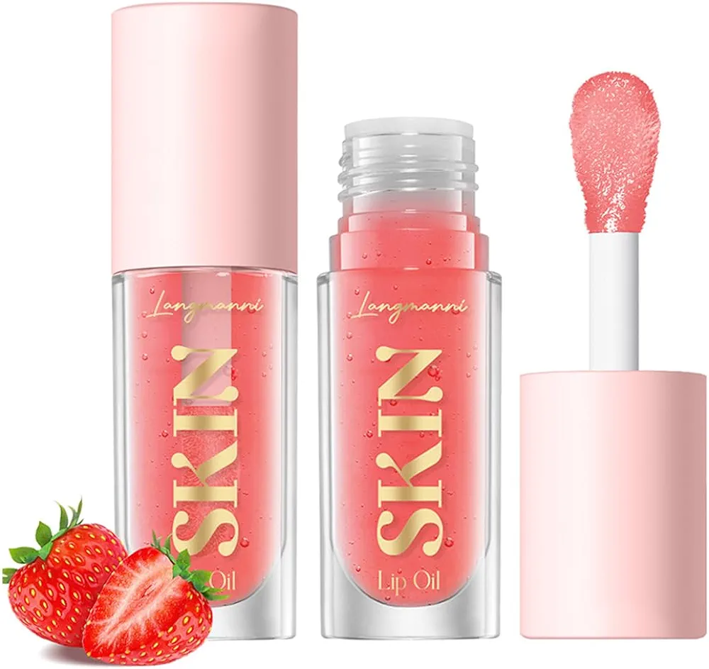 Big Brush Head Lip Glow Oil Plumping Tint, Tinted Lip Balm Transparent Lip Care, Moisturizing Non-sticky Fresh Shiny Texture Lip Oil - Strawberry (Pink)