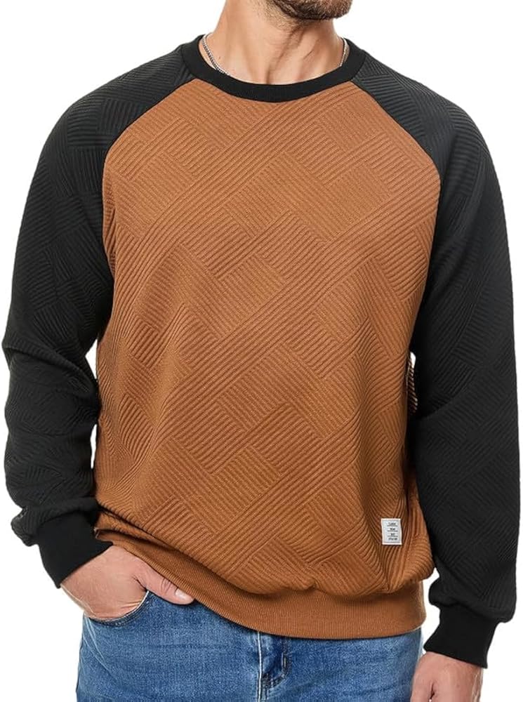 Men's Fall Crewneck Sweatshirts Patchwork Long Sleeve Geometric Texture Casual Pullover Shirt