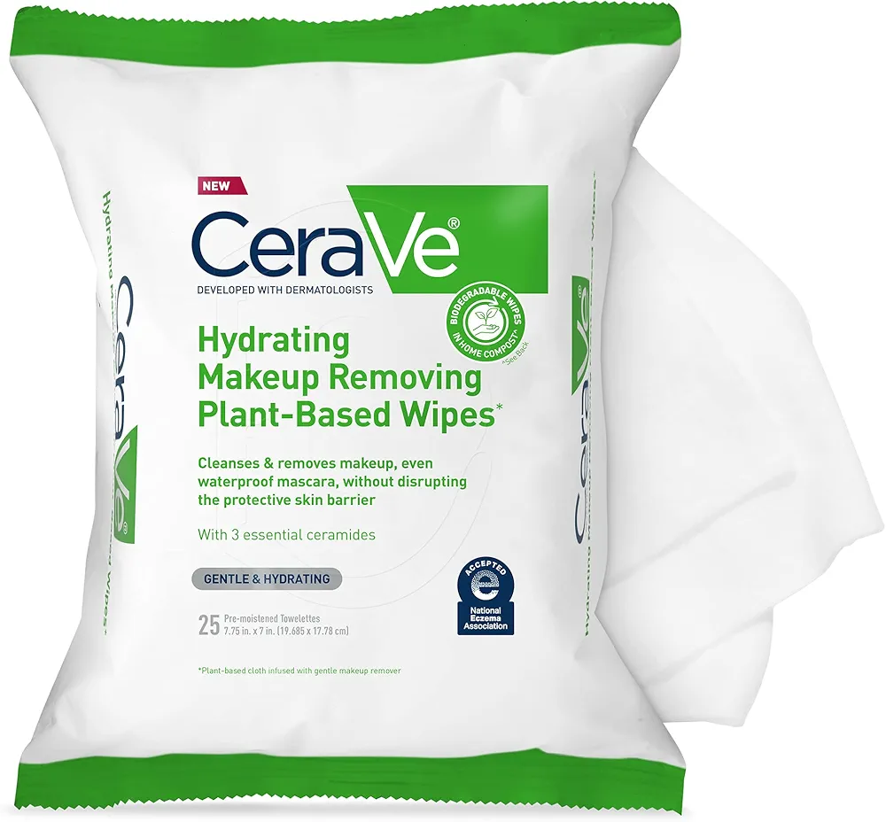 CeraVe Hydrating Facial Cleansing Makeup Remover Wipes| Plant Based Face Biodegradable in Home Compost| Wash Cloth| Suitable for Sensitive Skin| Fragrance-free Non-comedogenic| 25 Count